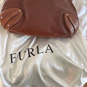 Furla Chestnut Brown Leather Shoulder Bag with Croc-Accent Corners